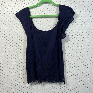 Chelsea 28 Navy Blue Crochet Flutter Sleeve Flutter Blouse